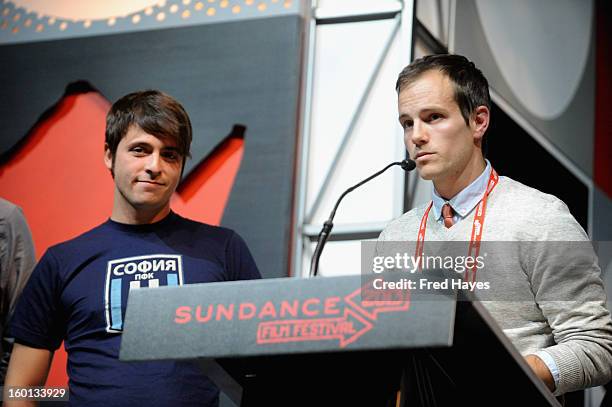 Rocky Braat and Steve Hoover accept Winner of the U.S. Grand Jury Prize: Documentary for Blood Brother onstage at the Awards Night Ceremony during...