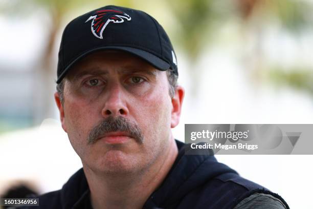 Head coach Arthur Smith of the Atlanta Falcons speaks to the after training camp practice with the Miami Dolphins at Baptist Health Training Complex...