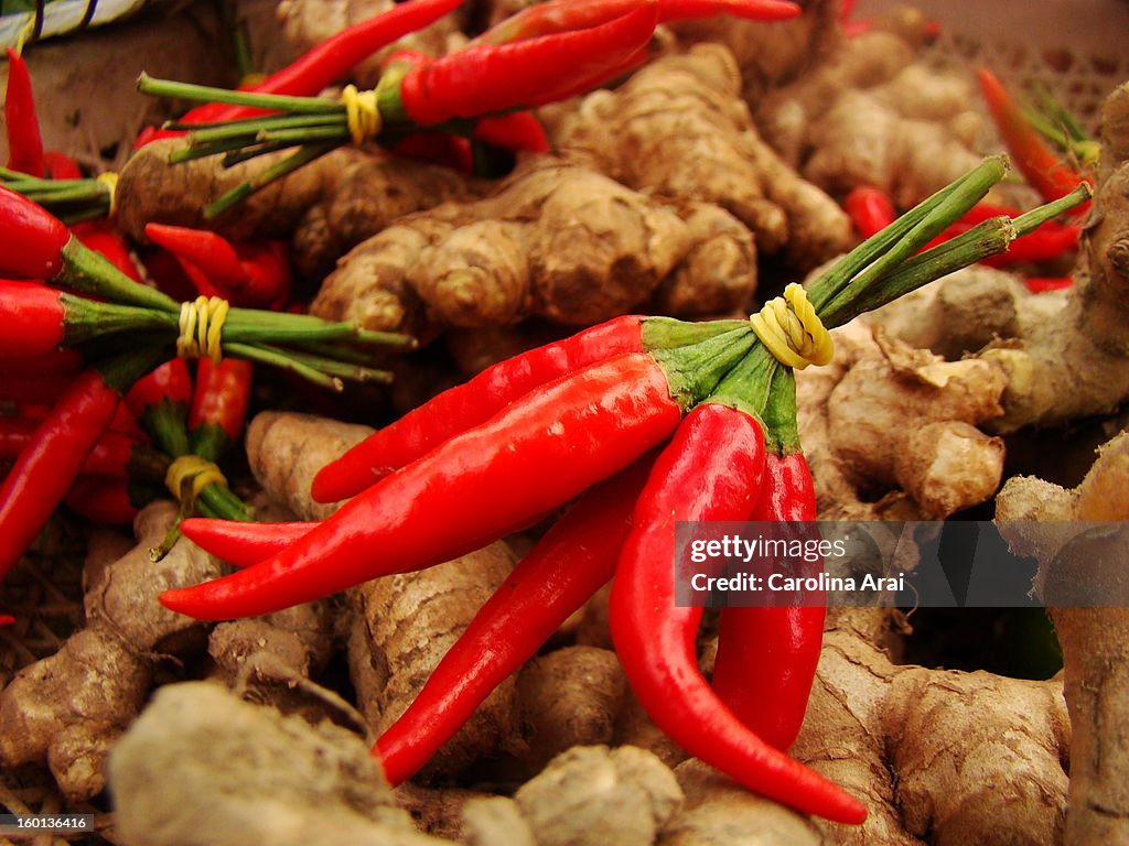 Red chilis and ginger.