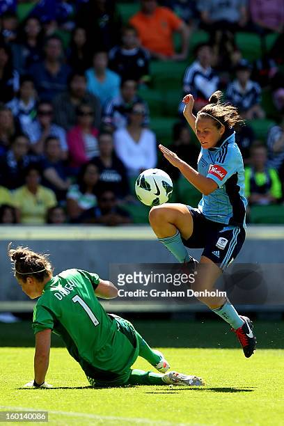 Nicola Bolger of Sydney FC scores the first goal during the W-League Grand Final between the Melbourne Victory and Sydney FC at AAMI Park on January...