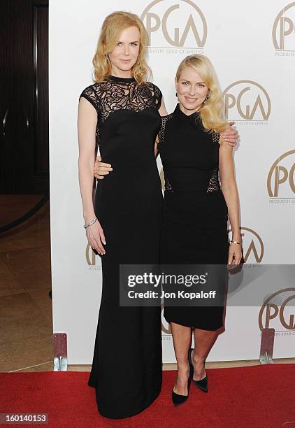 Actress Nicole Kidman and actress Naomi Watts arrive at the 24th Annual Producers Guild Awards at The Beverly Hilton Hotel on January 26, 2013 in...