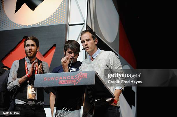 Rocky Braat and Steve Hoover accept Winner of the U.S. Grand Jury Prize: Documentary for Blood Brother onstage at the Awards Night Ceremony during...