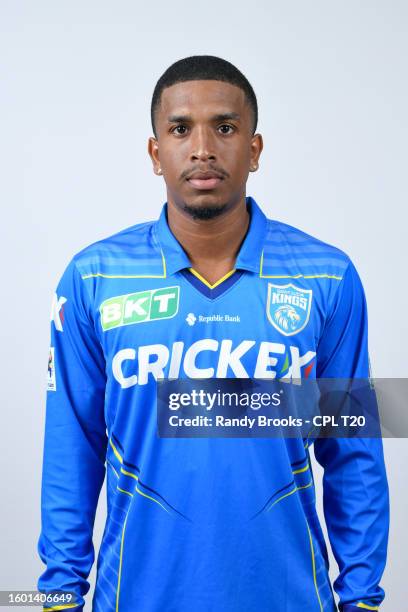 Leonardo Julien of Saint Lucia Kings during a Republic Bank Caribbean Premier League portrait session at Bay Gardens Resort in Rodney Bay, Saint...