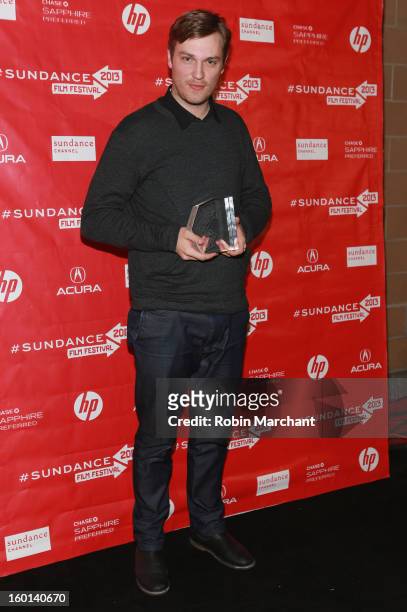 Zachary Heinzerling the Winner of the Directing Award: U.S. Documentary for Cutie and the Boxer poses with award at the Awards Night Ceremony during...