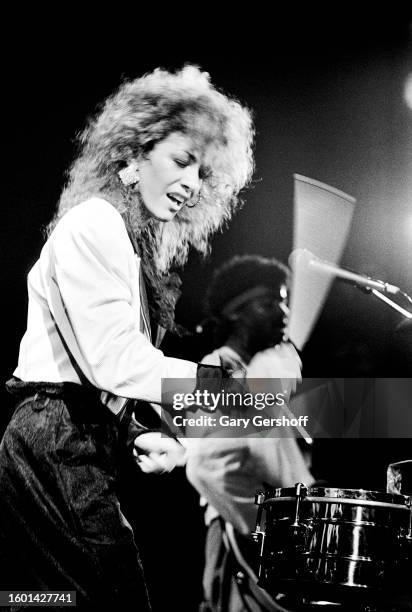 American R&B and Funk musician Sheila E plays drums as she performs onstage at the Ritz, New York, New York, September 13, 1984.