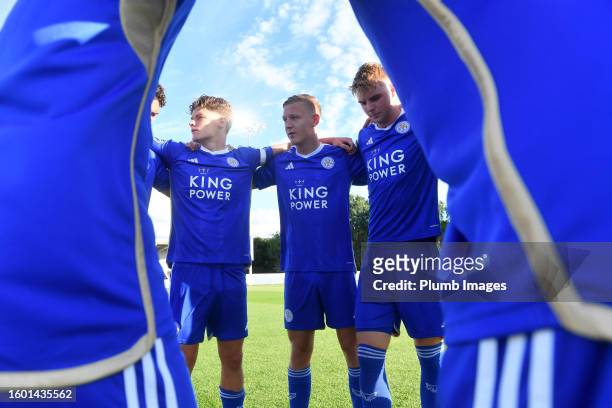 Players of Leicester City before the Leicester City U21 v Derby County U21: Premier League 2 match at Seagrave Training Ground on August 14, 2023 in...