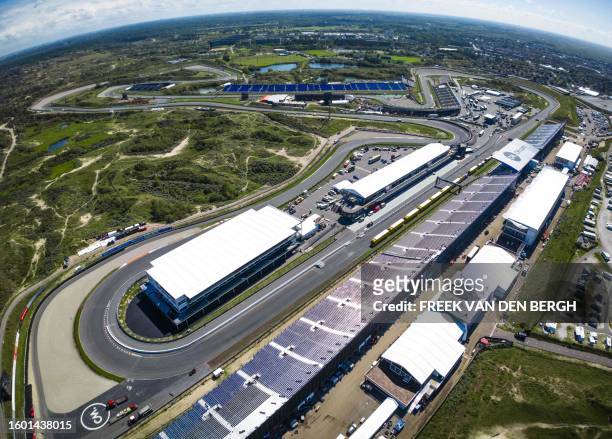 This aerial picture taken on August 15, 2023 shows a a general view of The Circuit Zandvoort in Zandvoort, ahead of the Formula 1 Dutch Grand Prix. /...