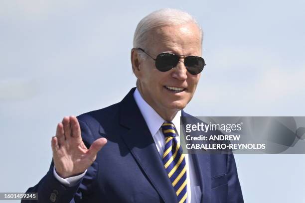 President Joe Biden arrives to board Air Force One at Joint Base Andrews in Maryland, on August 15, 2023. President Biden travels to Wisconsin to...