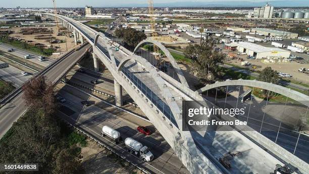 The Cedar Avenue viaduct of the California High-Speed Rail project crosses over Highway 99 south of Fresno, California, in February.