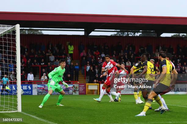 Vakoun Issouf Bayo of Watford scores the team's first goal during the Carabao Cup First Round match between Stevenage and Watford at The Lamex...