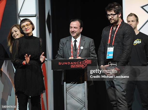 Producer Xenia Grubstein, directors Mike Lerner and Maxim Pozdorovkin accept the World Cinema Documentary Special Jury Award for Pussy Riot  A Punk...