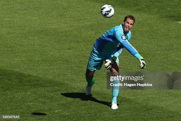 Mark Paston of the Phoenix throws the ball during the round 18 A-League match between the Wellington Phoenix and the Newcastle Jets at Westpac...