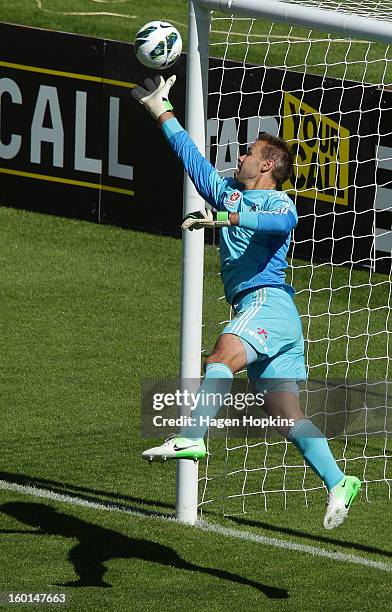 Mark Paston of the Phoenix makes a save during the round 18 A-League match between the Wellington Phoenix and the Newcastle Jets at Westpac Stadium...