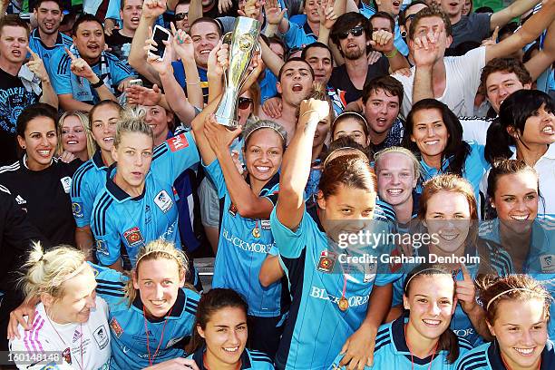 Sydney FC celebrate with fans after winning the W-League Grand Final between the Melbourne Victory and Sydney FC at AAMI Park on January 27, 2013 in...