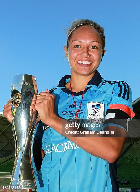 Kyah Simon Captain of Sydney FC celebrates with the trophy after winning the W-League Grand Final between the Melbourne Victory and Sydney FC at AAMI...