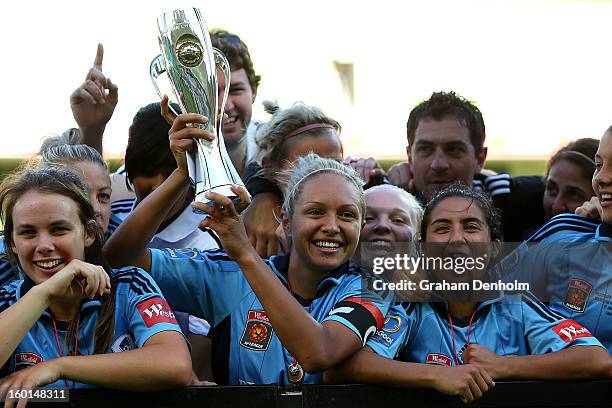 Kyah Simon Captain of Sydney FC celebrates with the trophy after winning the W-League Grand Final between the Melbourne Victory and Sydney FC at AAMI...