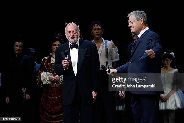 Harold Prince, Sir Cameron Anthony Mackintosh and cast attend "The Phantom Of The Opera" Broadway 25th Anniversary at Majestic Theatre on January 26,...