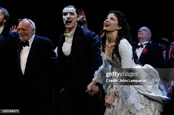 Harold Prince, Hugh Panaro and Sierra Boggess perform at "The Phantom Of The Opera" Broadway 25th Anniversary at Majestic Theatre on January 26, 2013...