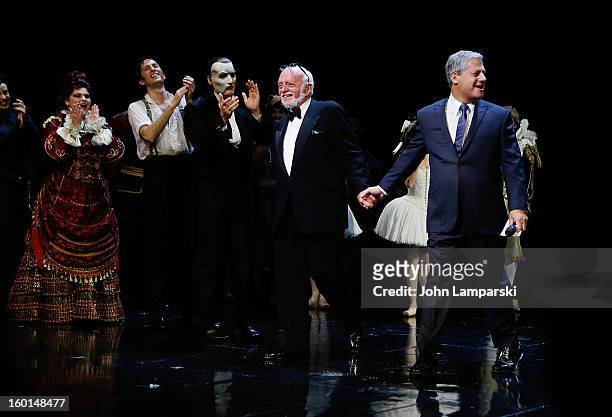 Harold Prince, Hugh Panaro, Sir Cameron Anthony Mackintosh and cast perform at "The Phantom Of The Opera" Broadway 25th Anniversary at Majestic...