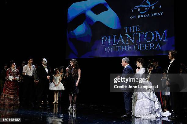 Kyle Barisich, Sarah Brightman, Hugh Panaro, Sir Cameron Anthony Mackintosh, Sierra Boggess and cast perform at "The Phantom Of The Opera" Broadway...