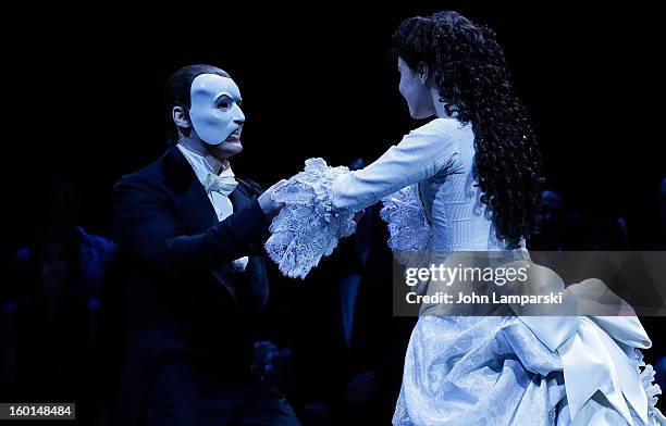 Hugh Panaro and Sierra Boggess perform at "The Phantom Of The Opera" Broadway 25th Anniversary at Majestic Theatre on January 26, 2013 in New York...