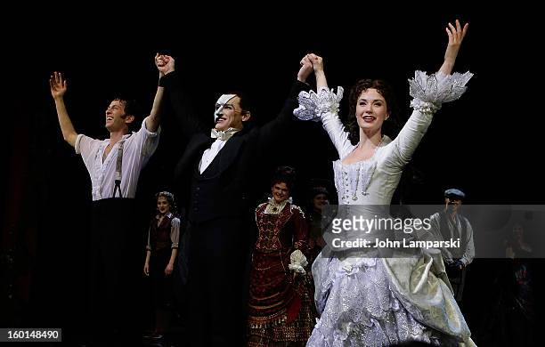 Kyle Barisich, Hugh Panaro and Sierra Boggess perform at "The Phantom Of The Opera" Broadway 25th Anniversary at Majestic Theatre on January 26, 2013...