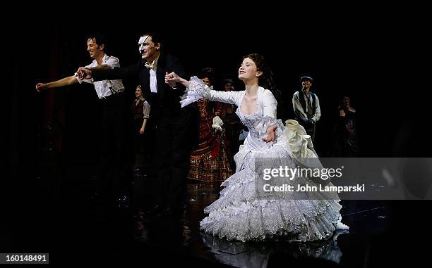 Kyle Barisich, Hugh Panaro and Sierra Boggess perform at "The Phantom Of The Opera" Broadway 25th Anniversary at Majestic Theatre on January 26, 2013...