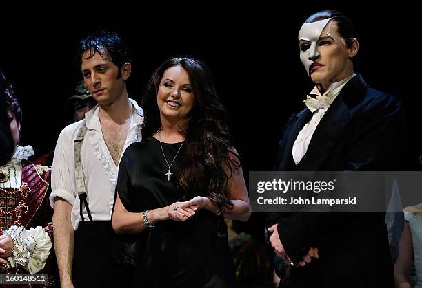 Kyle Barisich, Sarah Brightman and Hugh Panaro attend "The Phantom Of The Opera" Broadway 25th Anniversary at Majestic Theatre on January 26, 2013 in...