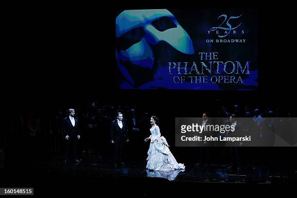 Hugh Panaro and Sierra Boggess perform at "The Phantom Of The Opera" Broadway 25th Anniversary at Majestic Theatre on January 26, 2013 in New York...