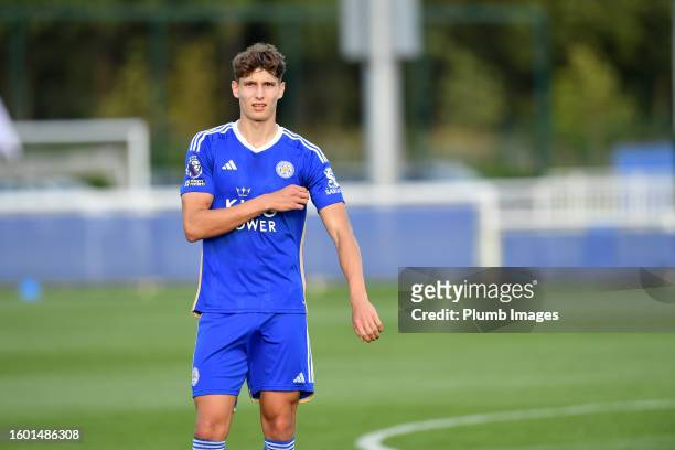 Ben Nelson of Leicester City during the Leicester City U21 v Derby County U21: Premier League 2 match at Seagrave Training Ground on August 14, 2023...