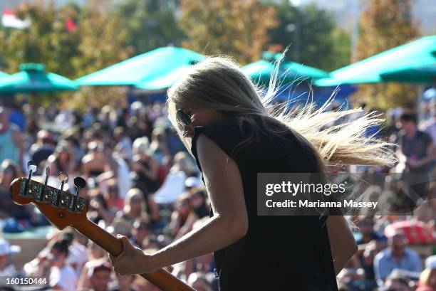 Australian rock band Something For Kate live at the Heineken Live Stage during day fourteen of the 2013 Australian Open at Melbourne Park on January...