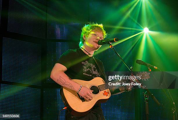 Singer-songwriter Ed Sheeran performs in concert at the Murat Egyptian Room on January 26, 2013 in Indianapolis, Indiana.
