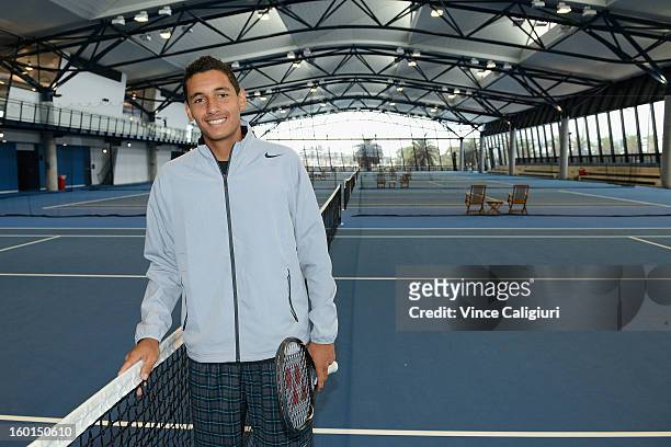 Nick Kyrgios of Australia poses at the National Tennis Centre during the launch of the Premier's Active Families Challenge on day fourteen of the...