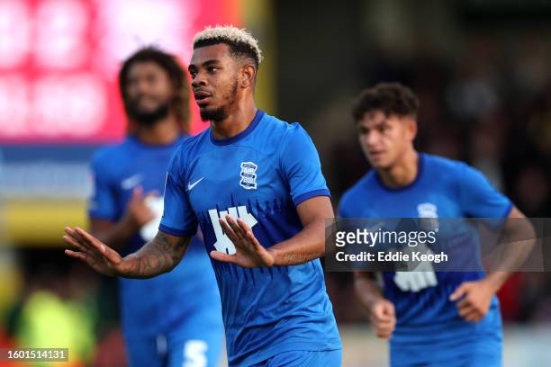 Juninho Bacuna of Birmingham City celebrates after scoring the team's first goal during the Carabao Cup First Round match between Cheltenham Town and...