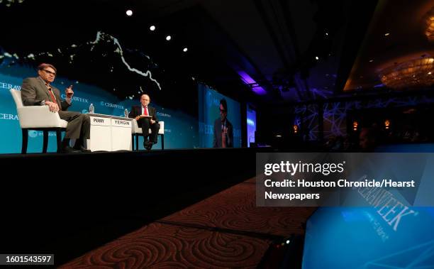 Energy Secretary Rick Perry speaks with Daniel Yergin, Vice Chairman of IHS Markit at the CERAWeek conference at the Hilton Americas, Wednesday,...