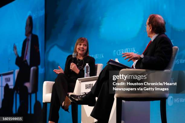 Mary Barra, Chairman and CEO of General Motors, speaks with Daniel Yergin, Vice Chairman of IHS Market during the CERAWeek conference at the Hilton...