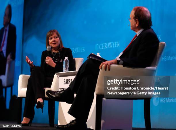 Mary Barra, Chairman and CEO of General Motors, speaks with Daniel Yergin, Vice Chairman of IHS Market during the CERAWeek conference at the Hilton...