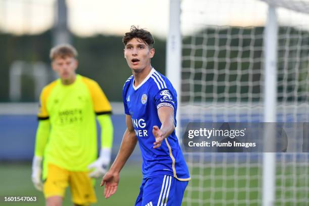 Ben Nelson of Leicester City during the Leicester City U21 v Derby County U21: Premier League 2 match at Seagrave Training Ground on August 14, 2023...