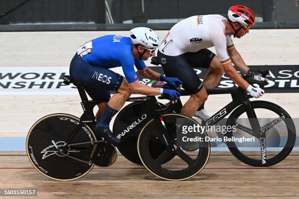 Elia Viviani of Italy and Roger Kluge of Germany compete during the Men Elite Madison at the 96th UCI Cycling World Championships Glasgow 2023, Day 6...