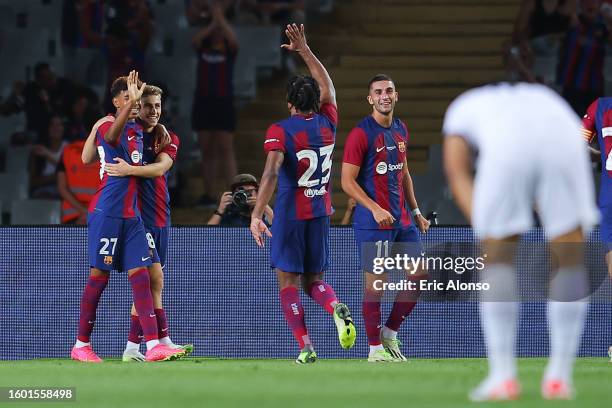 Ferran Torres of FC Barcelona celebrates after scoring the team's second goal during the Joan Gamper Trophy match between FC Barcelona and Tottenham...