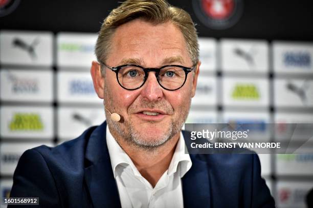 Claus Steinlein, CEO of the Superliga FC Midtjyllands football club, speaks to the media during a press conference related to the club's future, on...