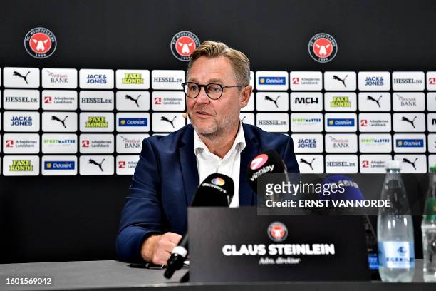 Claus Steinlein, CEO of the Superliga FC Midtjyllands football club, speaks to the media during a press conference related to the club's future, on...