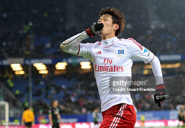 Heung Min Son of Hamburg celebrates scoring his goal during the Bundesliga match between Hamburger SV and SV Werder Bremen at Imtech Arena on January...