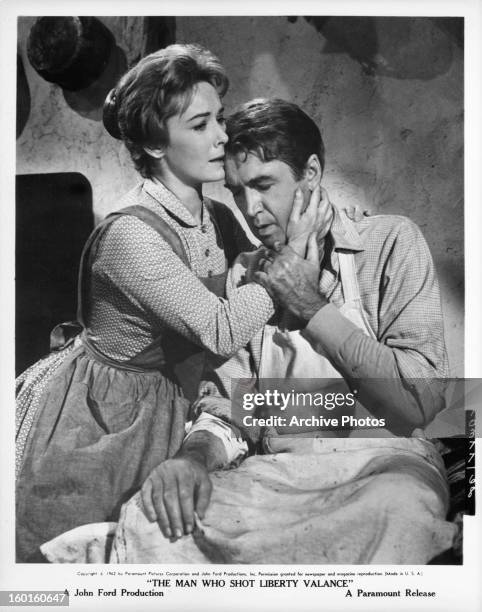 Vera Miles consoling James Stewart in a scene from the film 'The Man Who Shot Liberty Valance', 1962.