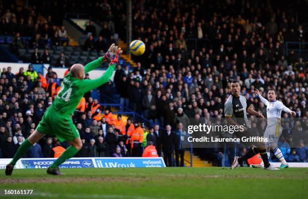 Ross McCormack of Leeds scores his team's second goal past Brad Friedel of Spurs during the FA Cup with Budweiser Fourth Round match between Leeds...