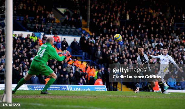 Ross McCormack of Leeds scores his team's second goal past Brad Friedel of Spurs during the FA Cup with Budweiser Fourth Round match between Leeds...
