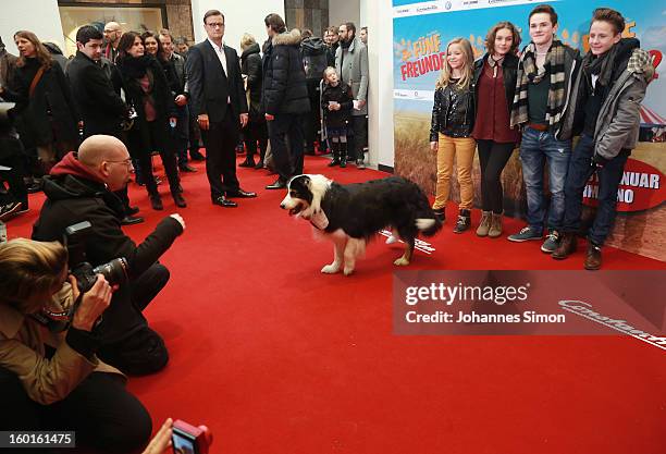 Actors Neele Marie Nickel, Valeria Eisenbart, Quirin Oettl and Justus Schlingensiepen and dog Coffey and dog coach Gordon Krei attend the 'Fuenf...