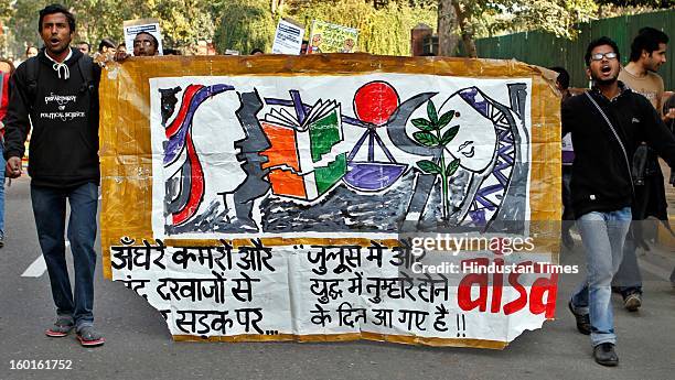 Youths shouts slogans during the Chhatra Yuva Sanklap rally against the Delhi gang rape on January 26, 2013 in New Delhi, India.
