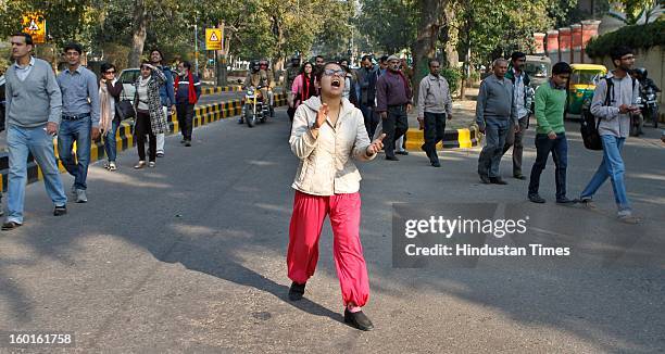 Youths shouts slogans during the Chhatra Yuva Sanklap rally against the Delhi gang rape on January 26, 2013 in New Delhi, India.