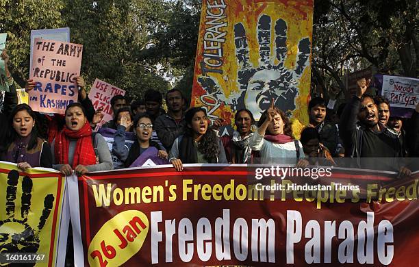 Activists demonstrate as they boycott India's Republic Day celebrations following the gang rape and murder of a student in December last year on...